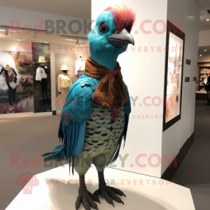 Teal Pheasant mascot costume character dressed with a Blouse and Cummerbunds