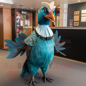 Teal Pheasant mascot costume character dressed with a Blouse and Cummerbunds