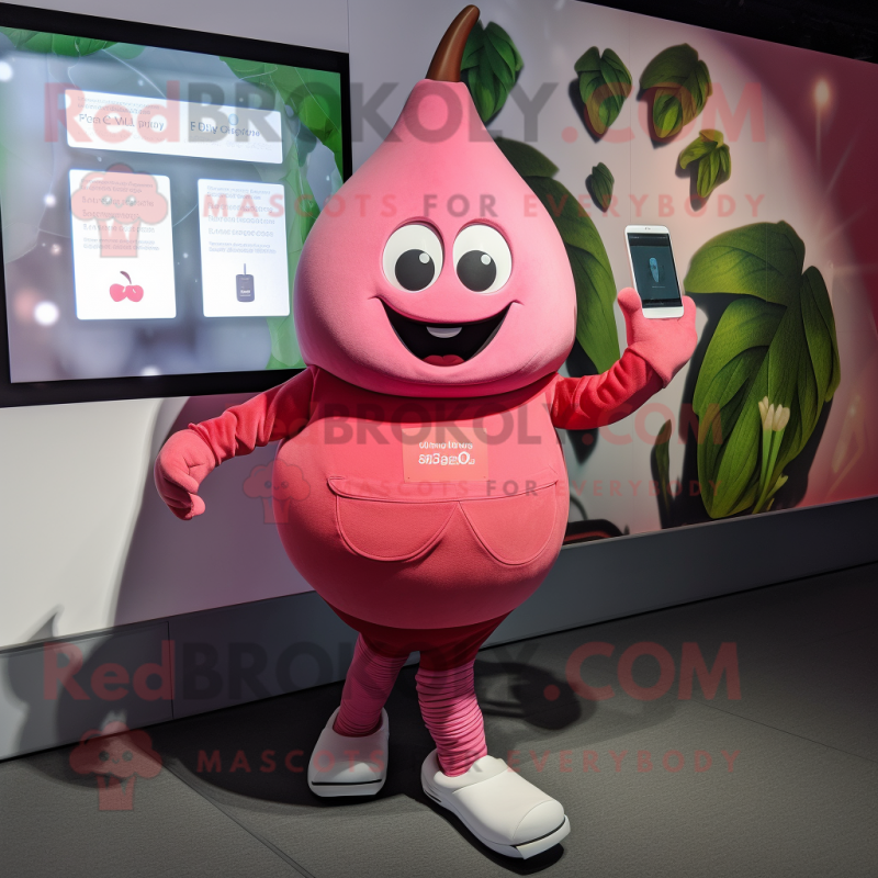 Pink Pear mascot costume character dressed with a Capri Pants and Smartwatches