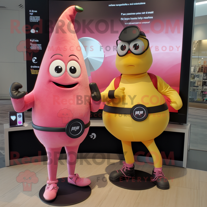 Pink Pear mascot costume character dressed with a Capri Pants and Smartwatches