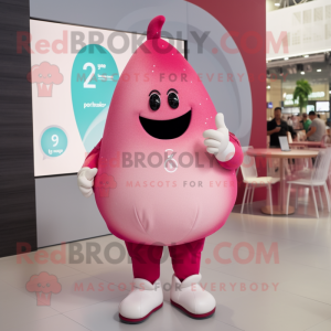 Pink Pear mascot costume character dressed with a Capri Pants and Smartwatches