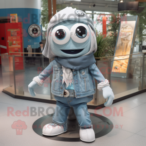 Silver Gyro mascot costume character dressed with a Denim Shorts and Scarves