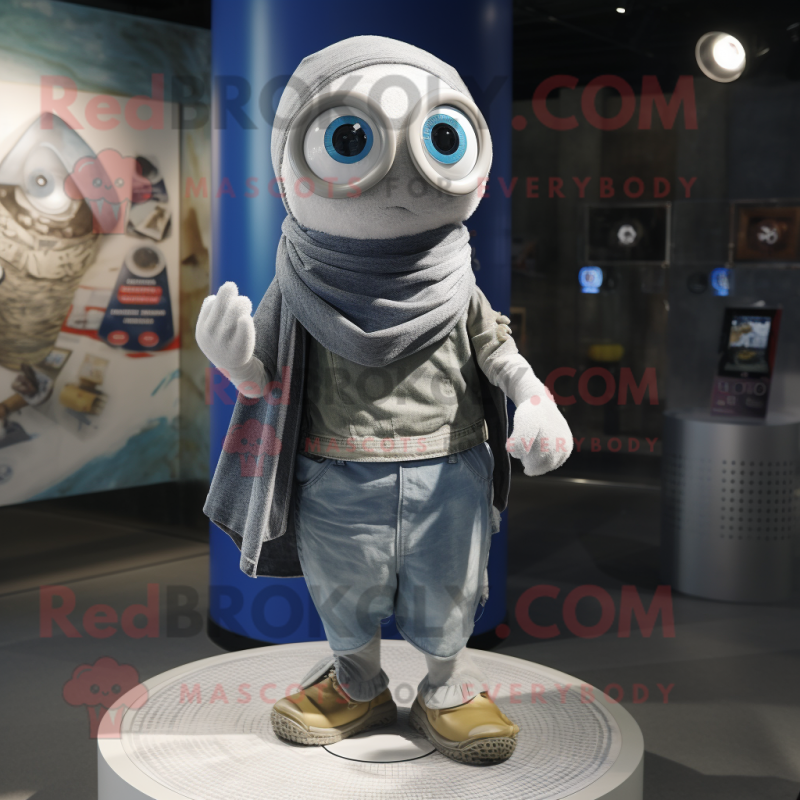 Silver Gyro mascot costume character dressed with a Denim Shorts and Scarves Silver Gyro mascot costume character dressed with a Denim Shorts and Scarves