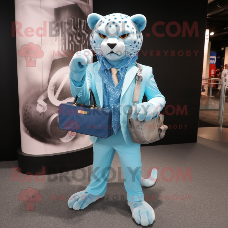 Sky Blue Jaguar mascot costume character dressed with a Blazer and Handbags