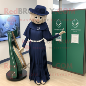 Navy Celtic Harp mascot costume character dressed with a Jumpsuit and Shoe clips
