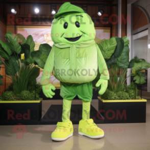 Lime Green Cabbage Leaf mascot costume character dressed with a T-Shirt and Shoe laces