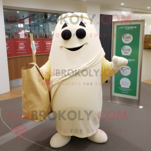 Cream Beef Wellington mascot costume character dressed with a Pencil Skirt and Tote bags