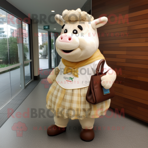 Cream Beef Wellington mascot costume character dressed with a Pencil Skirt and Tote bags