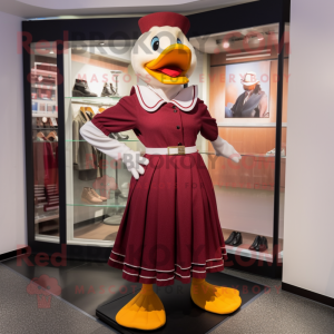 Maroon Muscovy Duck mascot costume character dressed with a A-Line Skirt and Ties