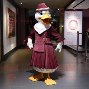 Maroon Muscovy Duck mascot costume character dressed with a A-Line Skirt and Ties