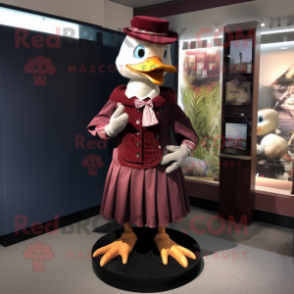 Maroon Muscovy Duck mascot costume character dressed with a A-Line Skirt and Ties