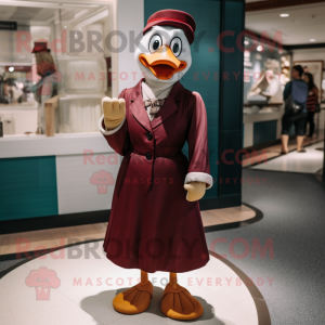 Maroon Muscovy Duck mascot costume character dressed with a A-Line Skirt and Ties