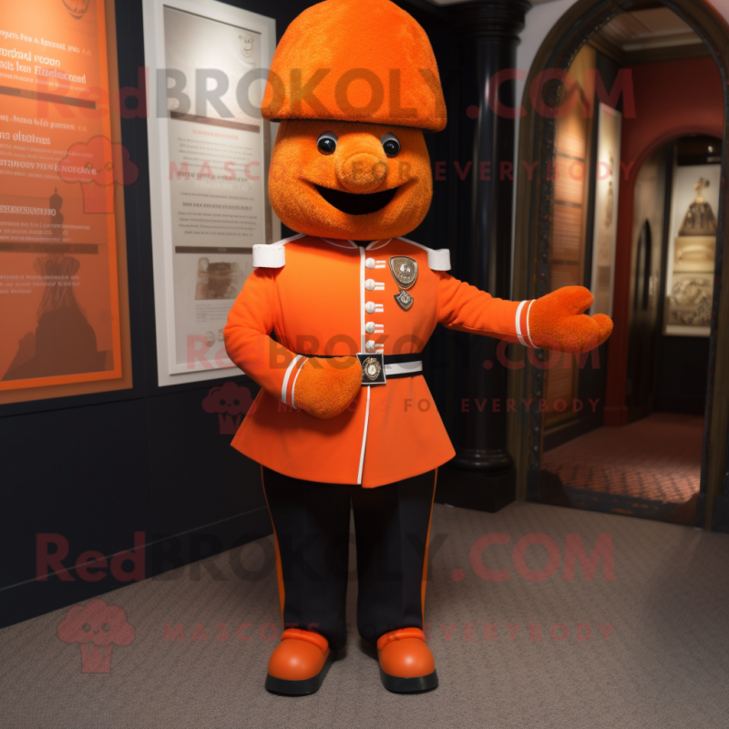 Orange British Royal Guard mascot costume character dressed with a Henley Tee and Cufflinks