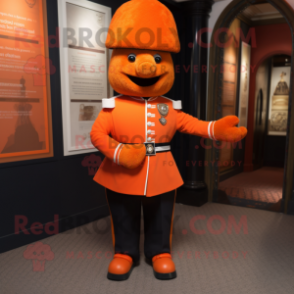 Orange British Royal Guard mascot costume character dressed with a Henley Tee and Cufflinks
