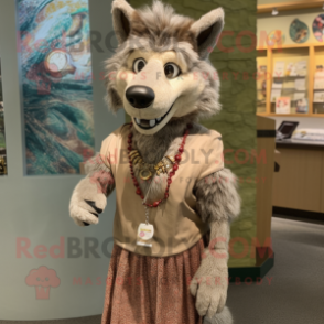 Tan Say Wolf mascot costume character dressed with a Wrap Skirt and Necklaces