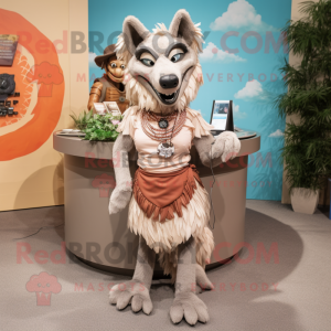 Tan Say Wolf mascot costume character dressed with a Wrap Skirt and Necklaces