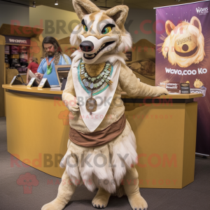 Tan Say Wolf mascot costume character dressed with a Wrap Skirt and Necklaces