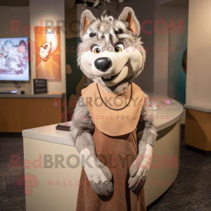 Tan Say Wolf mascot costume character dressed with a Wrap Skirt and Necklaces