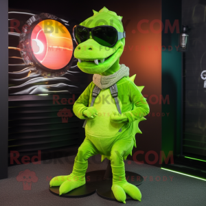 Lime Green Hydra mascot costume character dressed with a Vest and Sunglasses