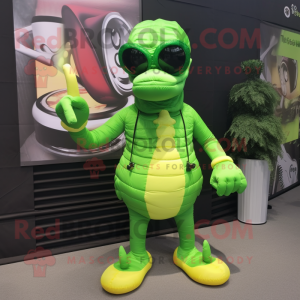 Lime Green Hydra mascot costume character dressed with a Vest and Sunglasses