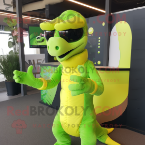 Lime Green Hydra mascot costume character dressed with a Vest and Sunglasses