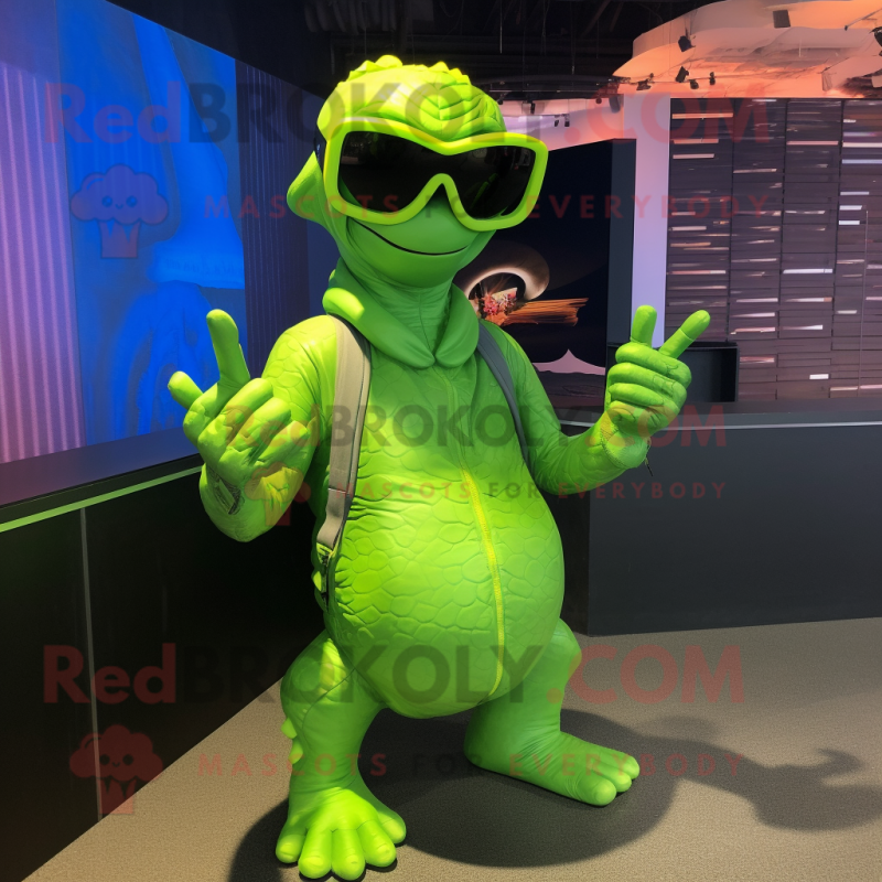 Lime Green Hydra mascot costume character dressed with a Vest and Sunglasses