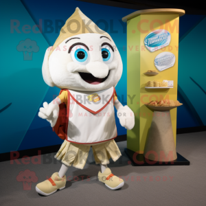 Cream Fish Tacos mascot costume character dressed with a Running Shorts and Coin purses