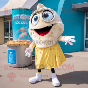 Cream Fish Tacos mascot costume character dressed with a Running Shorts and Coin purses