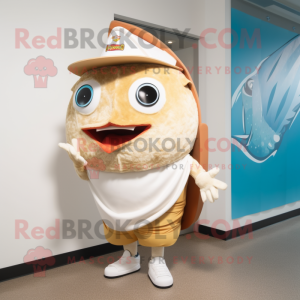 Cream Fish Tacos mascot costume character dressed with a Running Shorts and Coin purses