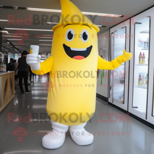 Yellow Bottle Of Milk mascot costume character dressed with a Leggings and Hats