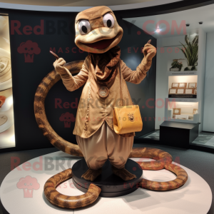 Brown Snake mascot costume character dressed with a Dress Pants and Coin purses
