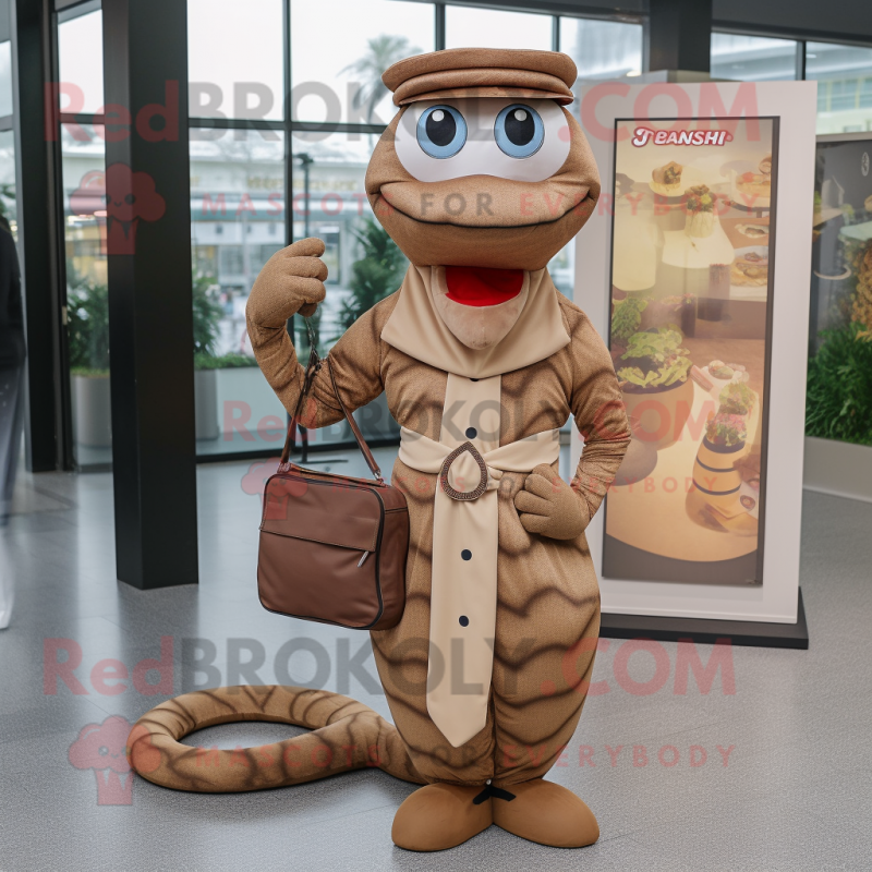 Brown Snake mascot costume character dressed with a Dress Pants and Coin purses