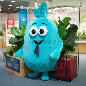 Turquoise Radish mascot costume character dressed with a Culottes and Briefcases