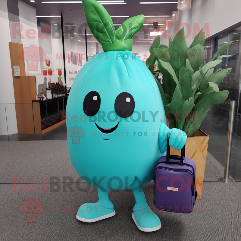 Turquoise Radish mascot costume character dressed with a Culottes and Briefcases