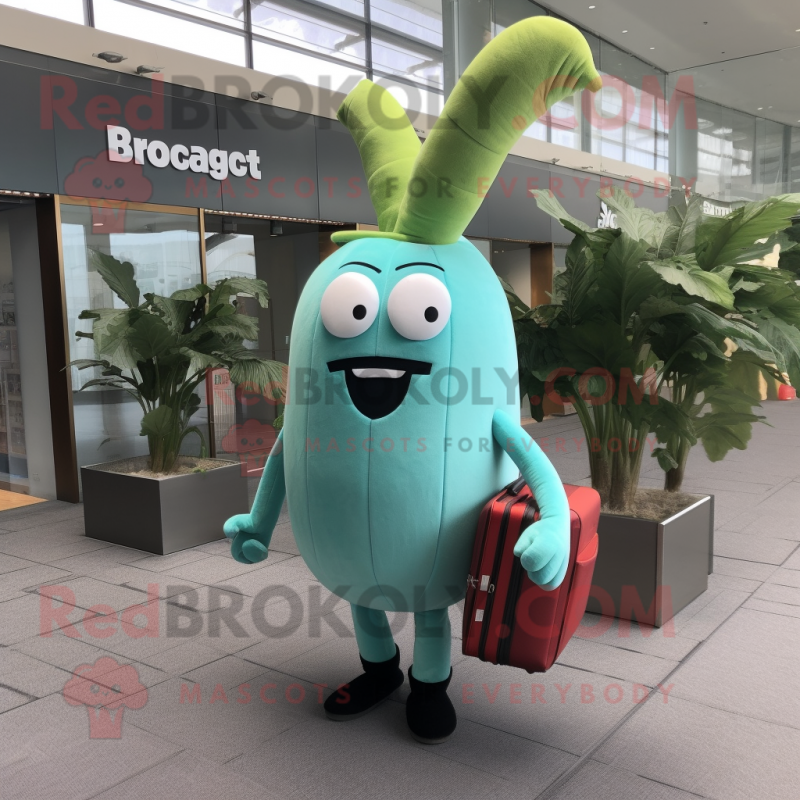 Turquoise Radish mascot costume character dressed with a Culottes and Briefcases