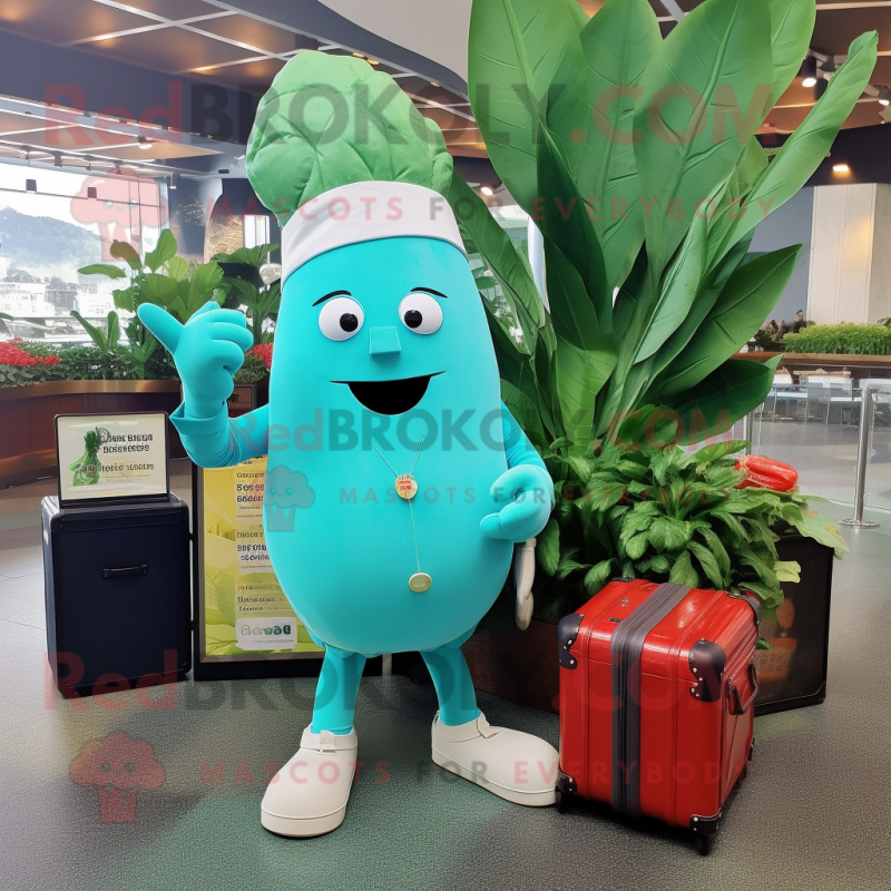 Turquoise Radish mascot costume character dressed with a Culottes and Briefcases Turquoise Radish mascot costume character dressed with a Culottes and Briefcases