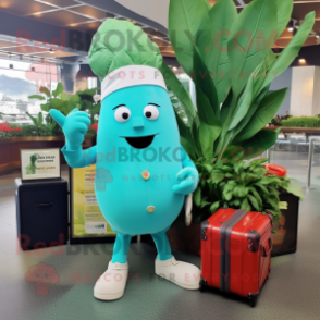 Turquoise Radish mascot costume character dressed with a Culottes and Briefcases