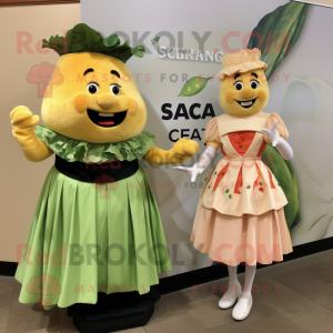 Peach Caesar Salad mascot costume character dressed with a A-Line Dress and Watches