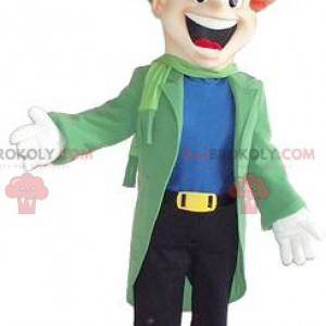 Mascote sorridente homem vestido com uma roupa muito colorida -