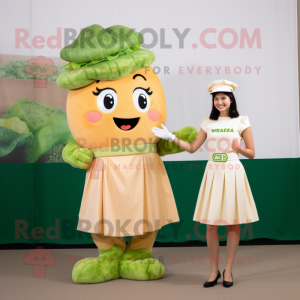 Peach Caesar Salad mascot costume character dressed with a A-Line Dress and Watches