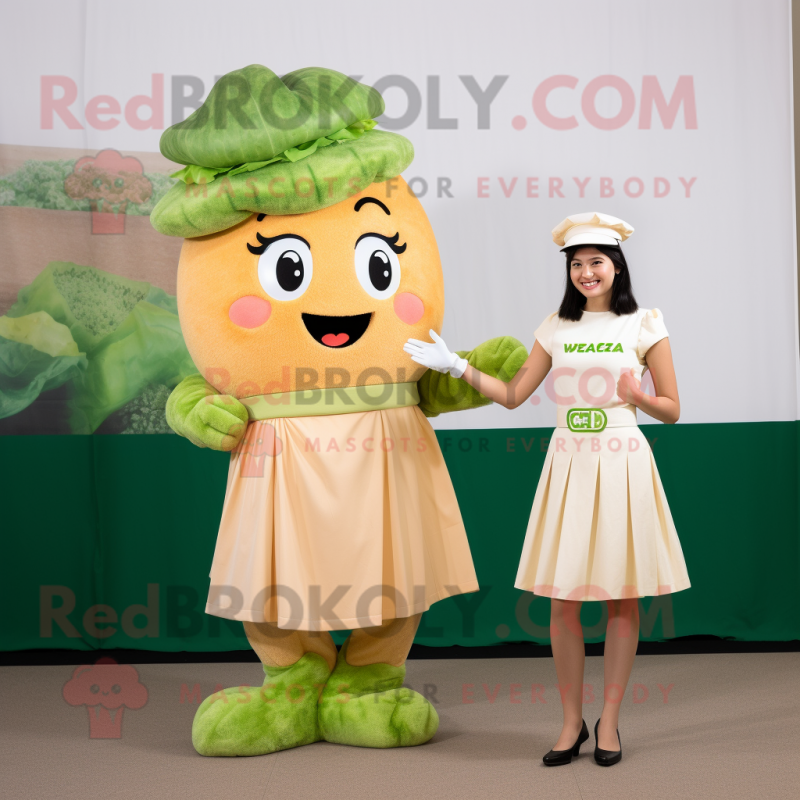 Peach Caesar Salad mascot costume character dressed with a A-Line Dress and Watches Peach Caesar Salad mascot costume character dressed with a A-Line Dress and Watches