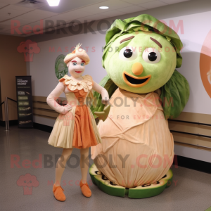 Peach Caesar Salad mascot costume character dressed with a A-Line Dress and Watches