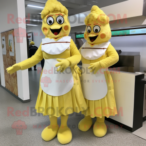 Lemon Yellow Chicken Parmesan mascot costume character dressed with a A-Line Dress and Cummerbunds