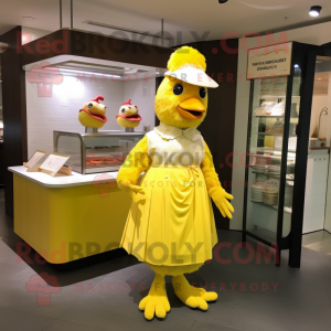 Lemon Yellow Chicken Parmesan mascot costume character dressed with a A-Line Dress and Cummerbunds