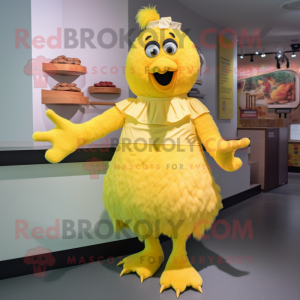 Lemon Yellow Chicken Parmesan mascot costume character dressed with a A-Line Dress and Cummerbunds