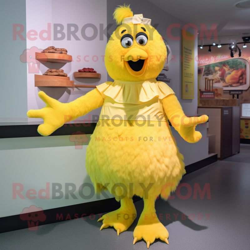 Lemon Yellow Chicken Parmesan mascot costume character dressed with a A-Line Dress and Cummerbunds Lemon Yellow Chicken Parmesan mascot costume character dressed with a A-Line Dress and Cummerbunds