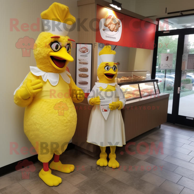 Lemon Yellow Chicken Parmesan mascot costume character dressed with a A-Line Dress and Cummerbunds Lemon Yellow Chicken Parmesan mascot costume character dressed with a A-Line Dress and Cummerbunds
