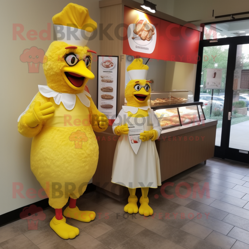 Lemon Yellow Chicken Parmesan mascot costume character dressed with a A-Line Dress and Cummerbunds