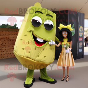 Olive Nachos mascot costume character dressed with a Pencil Skirt and Tie pins