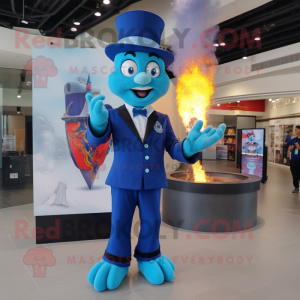 Blue Fire Eater mascot costume character dressed with a Suit Pants and Watches